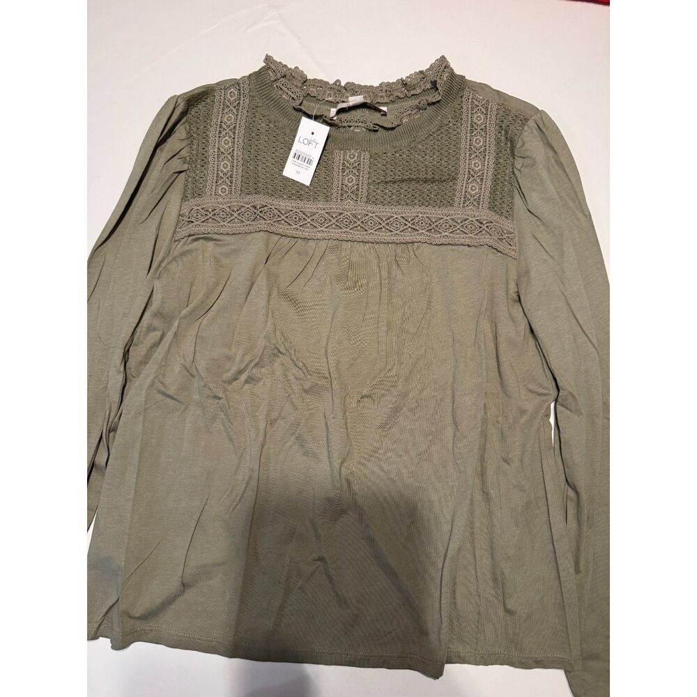 NWT LOFT Crochet Lace Yoke Ruffle Mock Neck Long Sleeve Top - Olive - Size M